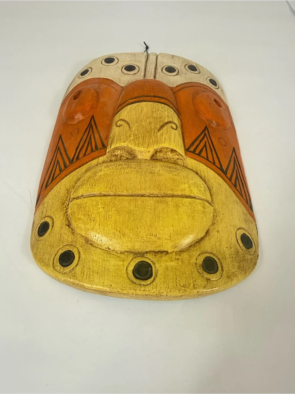 Handcarved Wooden Tribal Mask Wall Decor 3D Orange Tan Black